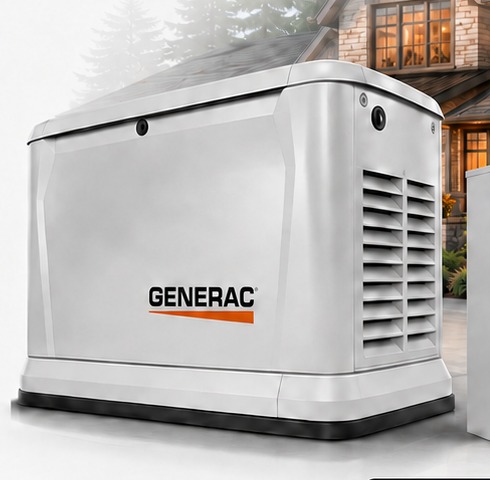 Whole-home standby generator beside a residence
